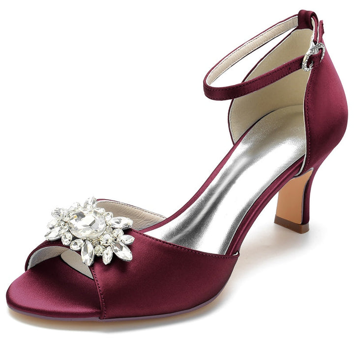 Women's Wedding Shoes Opened Toe Block Heel Buckle Bridal Shoes with Rhinestone