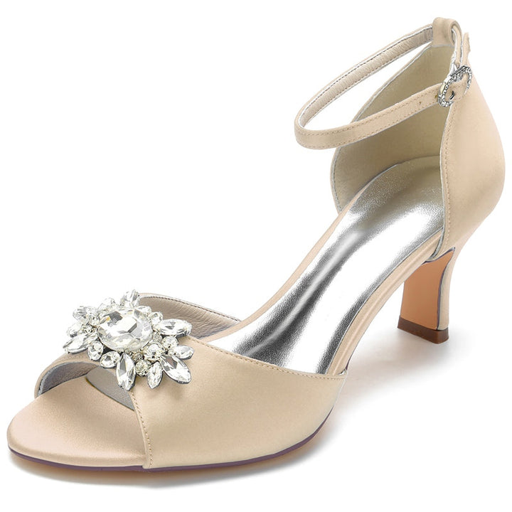 Women's Wedding Shoes Opened Toe Block Heel Buckle Bridal Shoes with Rhinestone