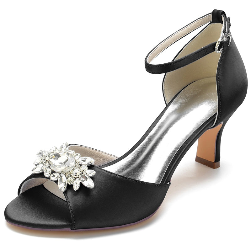 Women's Wedding Shoes Opened Toe Block Heel Buckle Bridal Shoes with Rhinestone