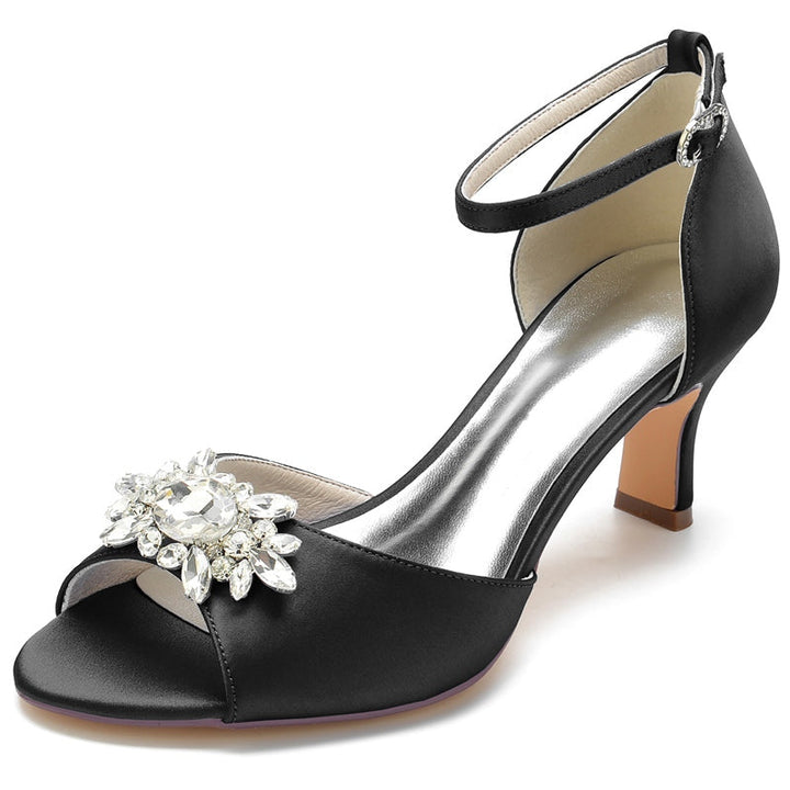 Women's Wedding Shoes Opened Toe Block Heel Buckle Bridal Shoes with Rhinestone