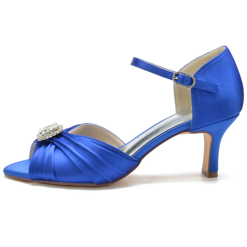 Women's Wedding Shoes Opened Toe Block Heel Buckle Bridal Shoes with Rhinestone & Ruffles