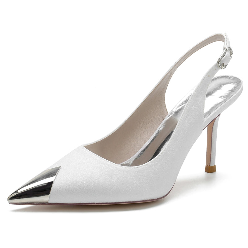 Women's Wedding Shoes White Sparkling Glitter Closed Toe High Heel Buckle Bridal Shoes