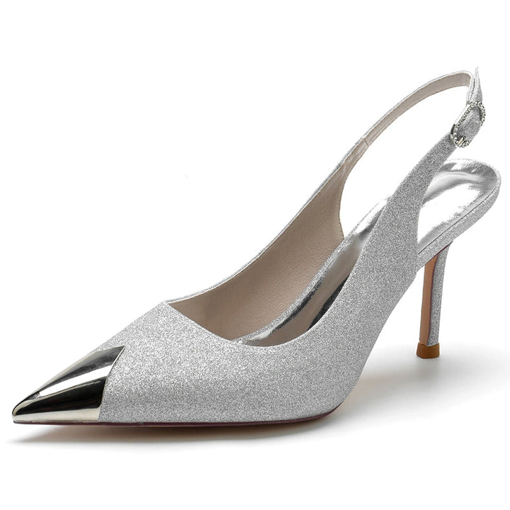 Women's Wedding Shoes White Sparkling Glitter Closed Toe High Heel Buckle Bridal Shoes