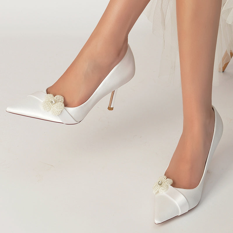 Women's Wedding Shoes Delicated Closed Toe High Heel Bridal Shoes with Rhinestone & Pearl Flower