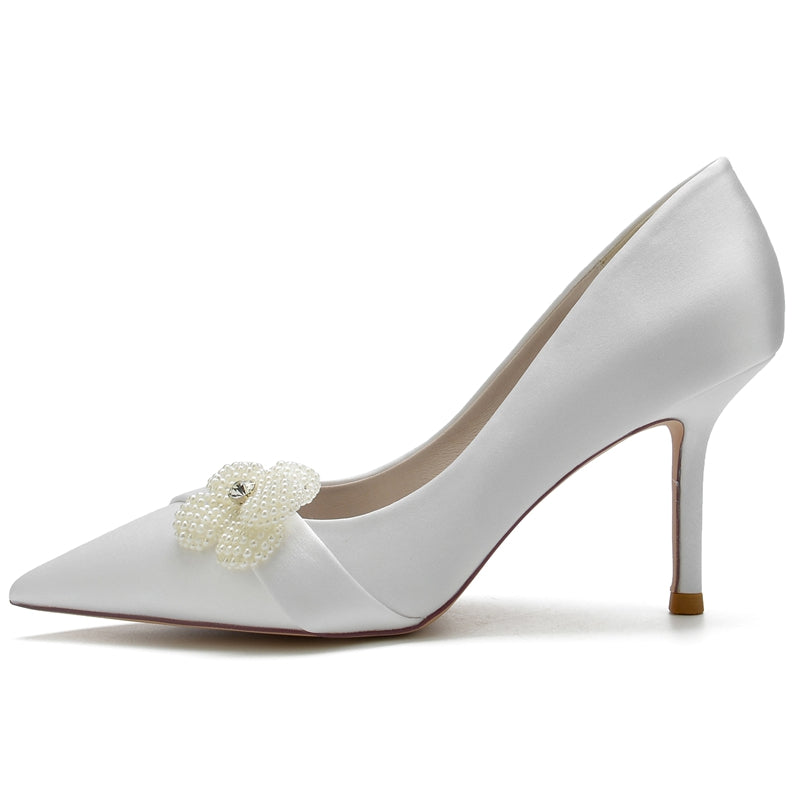 Women's Wedding Shoes Delicated Closed Toe High Heel Bridal Shoes with Rhinestone & Pearl Flower