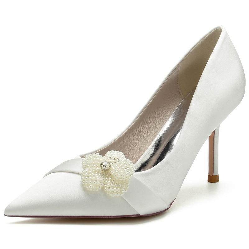 Women's Wedding Shoes Delicated Closed Toe High Heel Bridal Shoes with Rhinestone & Pearl Flower