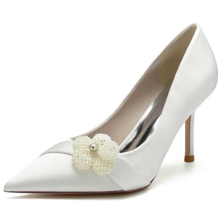 Women's Wedding Shoes Delicated Closed Toe High Heel Bridal Shoes with Rhinestone & Pearl Flower