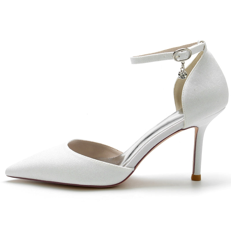Women's Wedding Shoes Sparkling Elegant Pointed Toe Buckle Bridal Shoes with Crystal Pendant