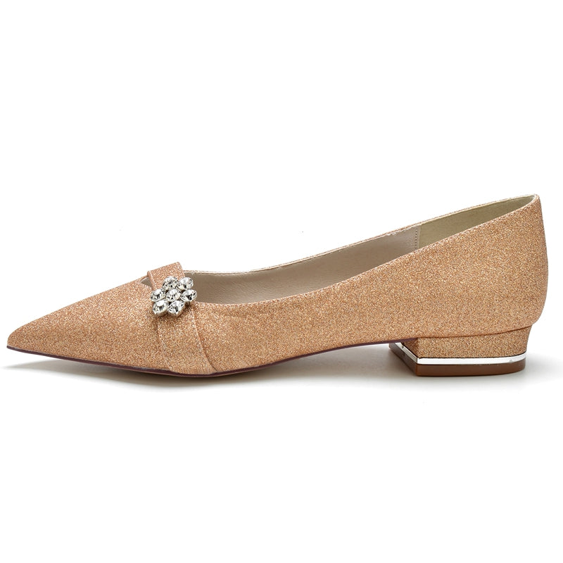 Women's Wedding Shoes Sparkling Minimalist Pointed Toe Low Heel Bridal Shoes with Rhinestone