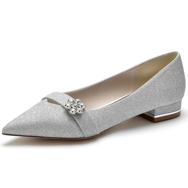 Women's Wedding Shoes Sparkling Minimalist Pointed Toe Low Heel Bridal Shoes with Rhinestone