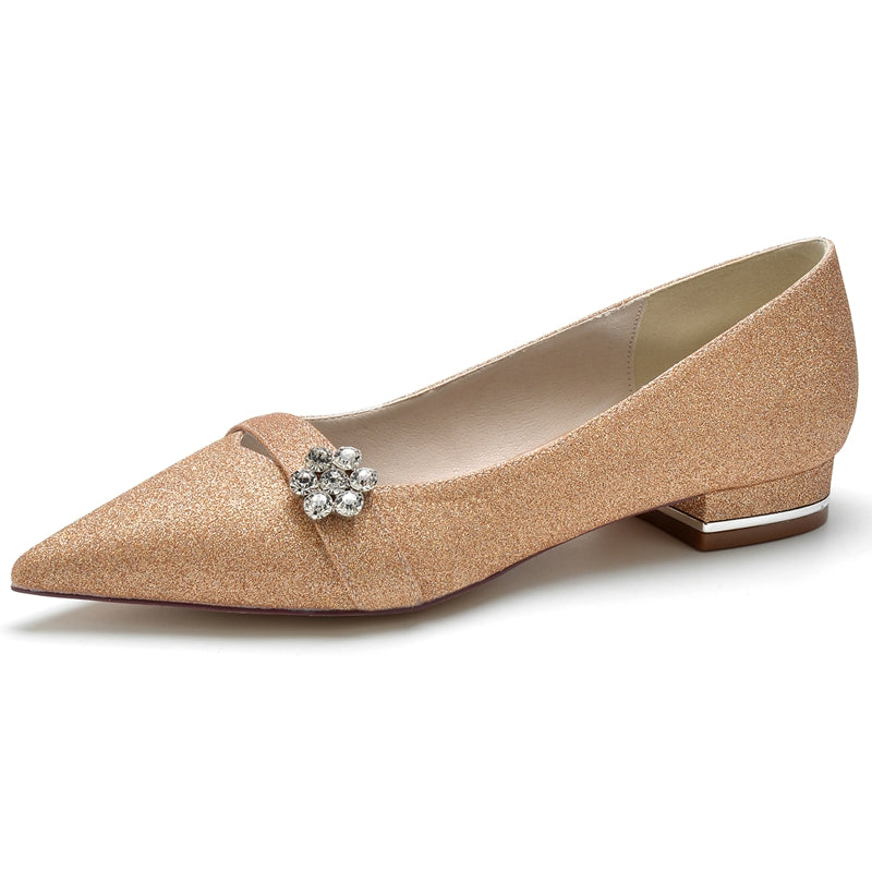 Women's Wedding Shoes Sparkling Minimalist Pointed Toe Low Heel Bridal Shoes with Rhinestone