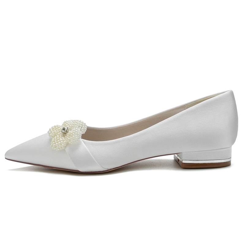 Women's Wedding Shoes Ivory Pointed Toe Flat Heel Bridal Shoes with Pearl