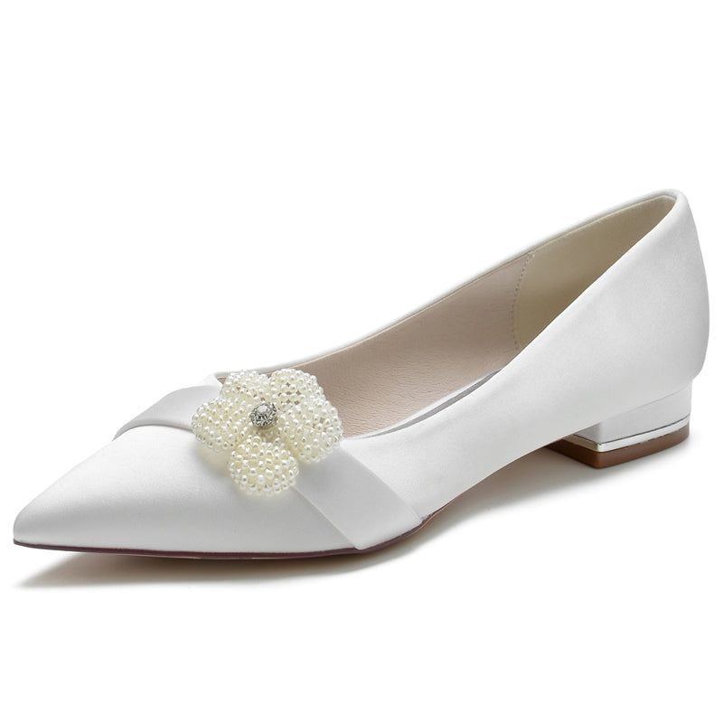 Women's Wedding Shoes Ivory Pointed Toe Flat Heel Bridal Shoes with Pearl