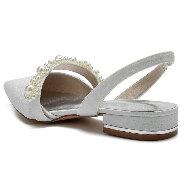 Women's Wedding Shoes Closed Toe Low Heel Sparkling Elegant Buckle Bridal Shoes with Pearls