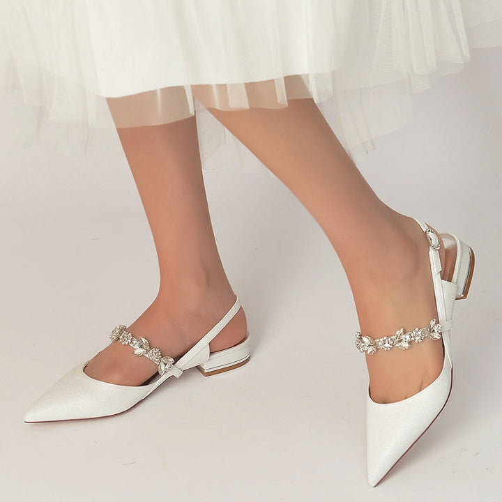 Women's Wedding Shoes Elegant Pointed Toe Square Heel Buckle Bridal Shoes with Delicate Rhinestone