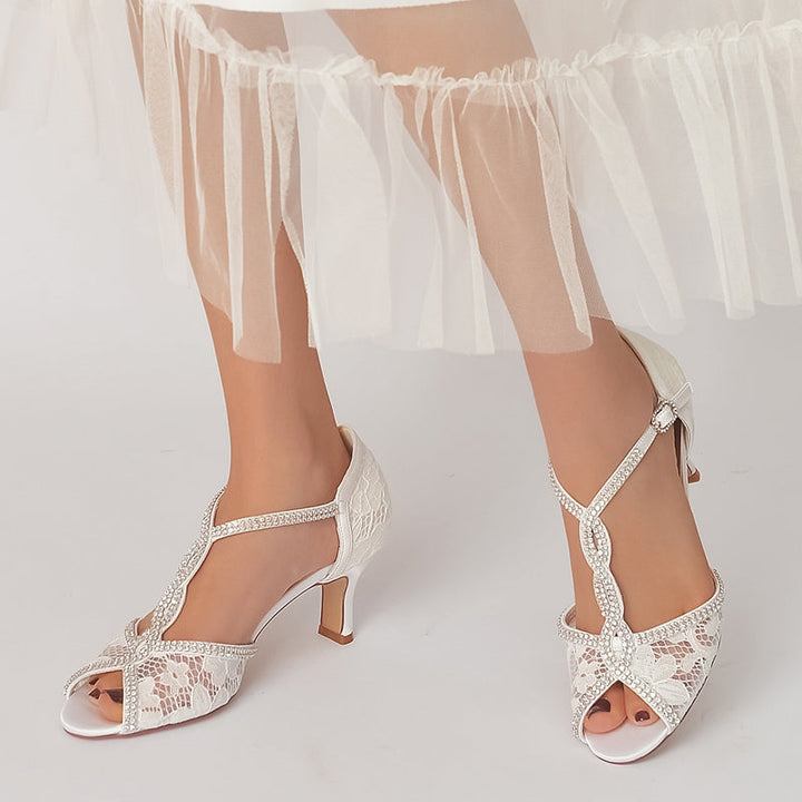 Women's Wedding Shoes Retro High-end Opened Toe Crossed Crystal Buckle Bridal Shoes