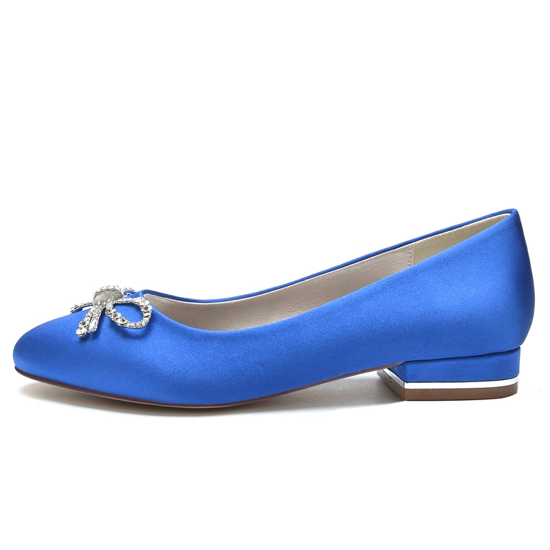 Women's Wedding Shoes Round Toe Flat Heel Elegant Bridal Shoes with Bow & Rhinestone