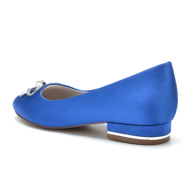 Women's Wedding Shoes Round Toe Flat Heel Elegant Bridal Shoes with Bow & Rhinestone