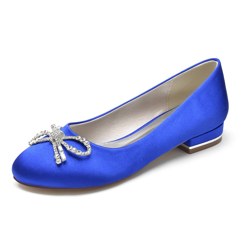 Women's Wedding Shoes Round Toe Flat Heel Elegant Bridal Shoes with Bow & Rhinestone
