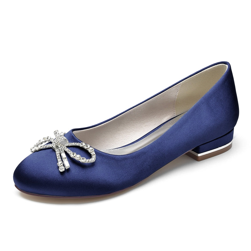 Women's Wedding Shoes Round Toe Flat Heel Elegant Bridal Shoes with Bow & Rhinestone