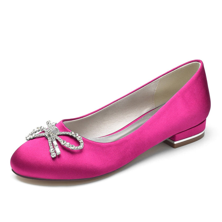 Women's Wedding Shoes Round Toe Flat Heel Elegant Bridal Shoes with Bow & Rhinestone