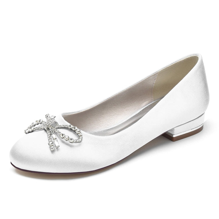 Women's Wedding Shoes Round Toe Flat Heel Elegant Bridal Shoes with Bow & Rhinestone