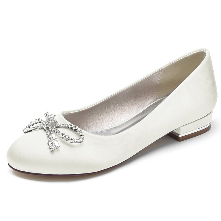 Women's Wedding Shoes Round Toe Flat Heel Elegant Bridal Shoes with Bow & Rhinestone