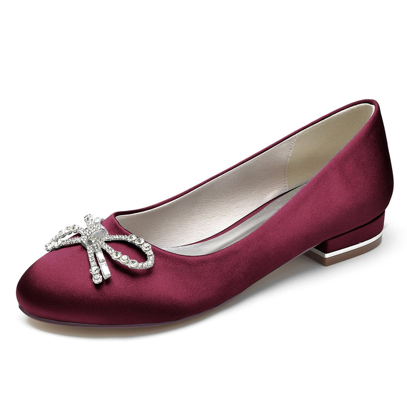 Women's Wedding Shoes Round Toe Flat Heel Elegant Bridal Shoes with Bow & Rhinestone