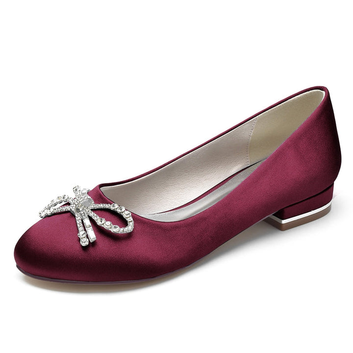Women's Wedding Shoes Round Toe Flat Heel Elegant Bridal Shoes with Bow & Rhinestone
