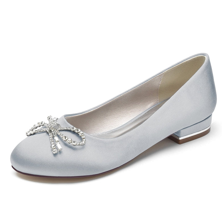 Women's Wedding Shoes Round Toe Flat Heel Elegant Bridal Shoes with Bow & Rhinestone