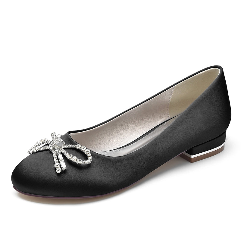 Women's Wedding Shoes Round Toe Flat Heel Elegant Bridal Shoes with Bow & Rhinestone