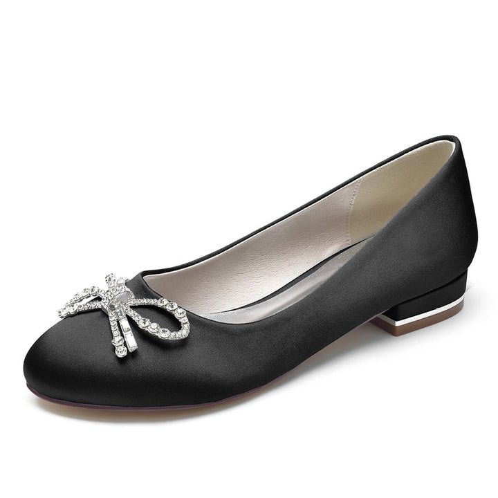Women's Wedding Shoes Round Toe Flat Heel Elegant Bridal Shoes with Bow & Rhinestone