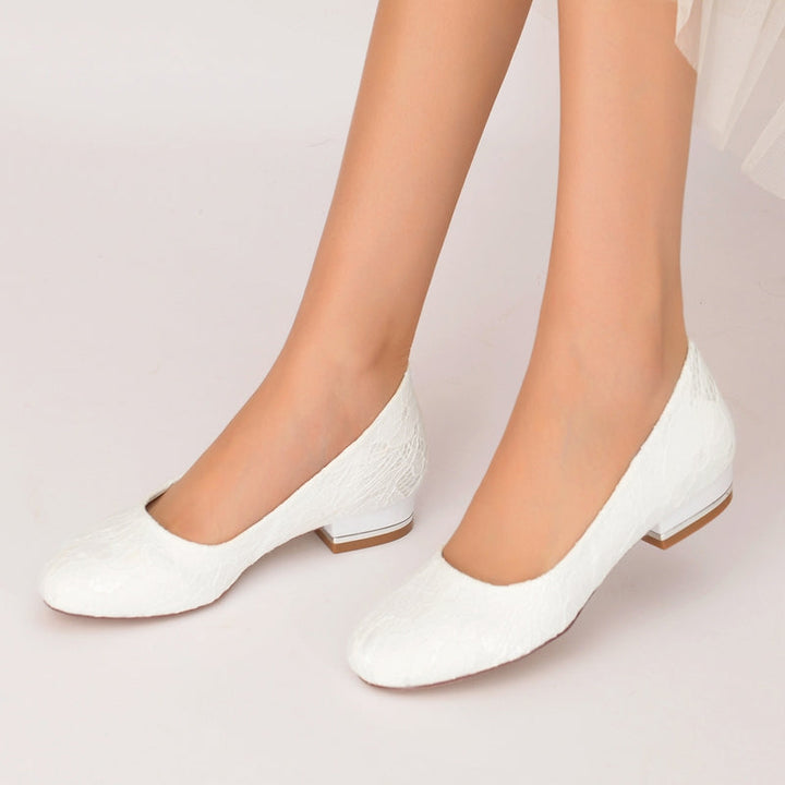 Women's Wedding Shoes White Round Toe Flat Heel Lace Minimalist Bridal Shoes