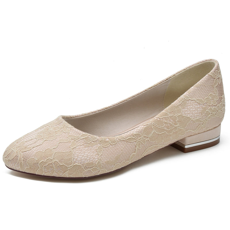 Women's Wedding Shoes White Round Toe Flat Heel Lace Minimalist Bridal Shoes