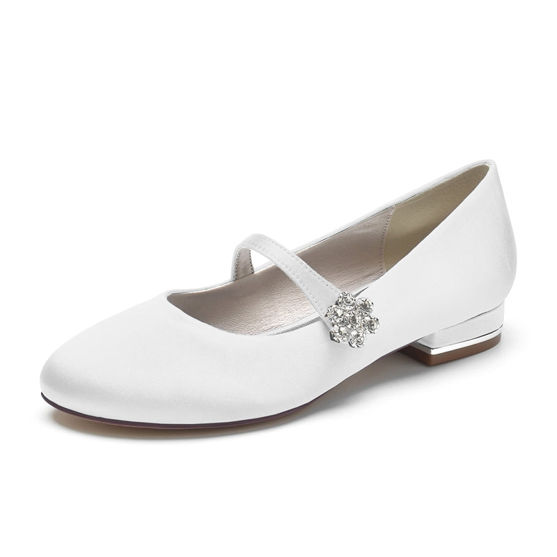Women's Wedding Shoes Round Toe Low Heel Retro Bridal Shoes with Instep Strap & Rhinestone