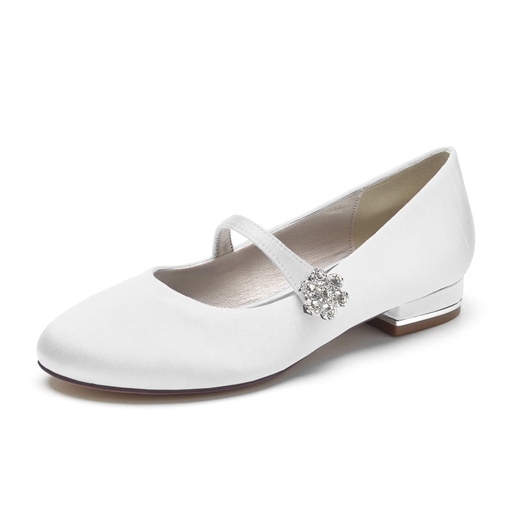 Women's Wedding Shoes Round Toe Low Heel Retro Bridal Shoes with Instep Strap & Rhinestone
