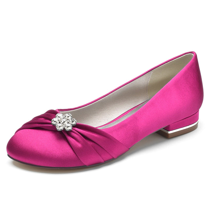 Women's Wedding Shoes Closed Toe Square Heel Elegant Bridal Shoes with Ruffles & Rhinestone