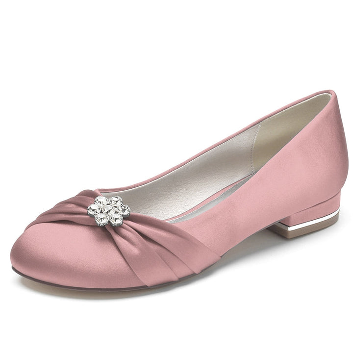 Women's Wedding Shoes Closed Toe Square Heel Elegant Bridal Shoes with Ruffles & Rhinestone