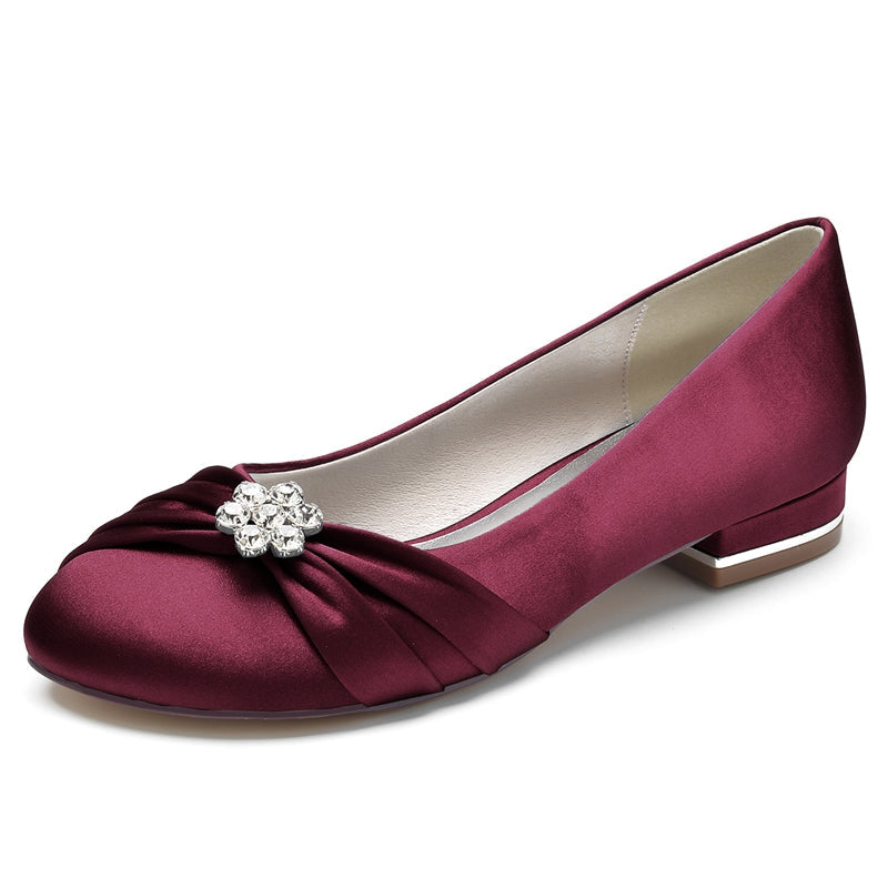 Women's Wedding Shoes Closed Toe Square Heel Elegant Bridal Shoes with Ruffles & Rhinestone