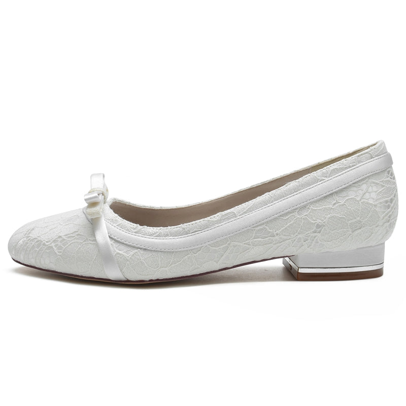 Women's Wedding Shoes White Round Toe Flat Heel Bowknot Elegant Bridal Shoes