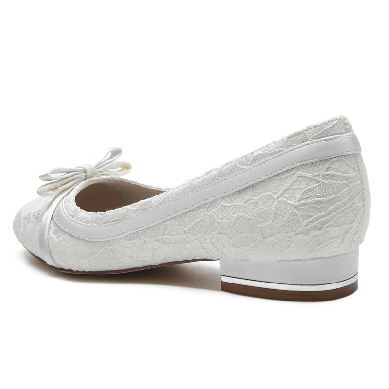 Women's Wedding Shoes White Round Toe Flat Heel Bowknot Elegant Bridal Shoes