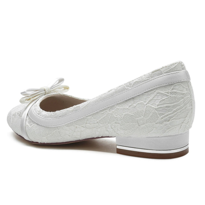Women's Wedding Shoes White Round Toe Flat Heel Bowknot Elegant Bridal Shoes
