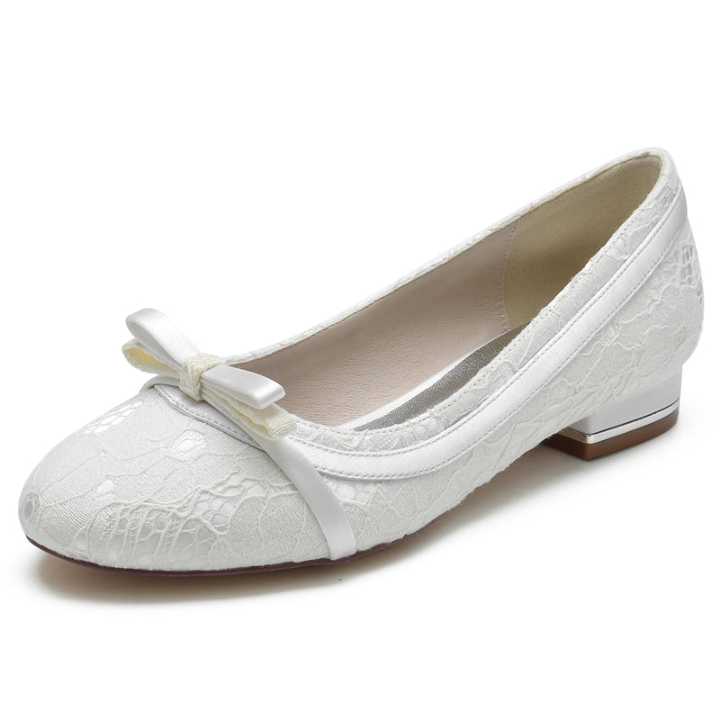 Women's Wedding Shoes White Round Toe Flat Heel Bowknot Elegant Bridal Shoes