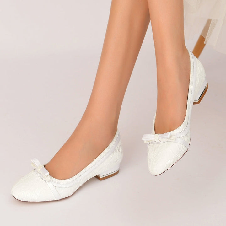 Women's Wedding Shoes White Round Toe Flat Heel Bowknot Elegant Bridal Shoes