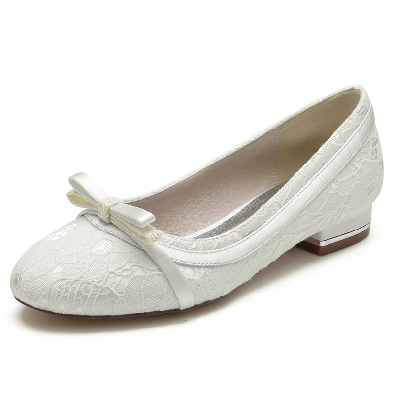 Women's Wedding Shoes White Round Toe Flat Heel Bowknot Elegant Bridal Shoes