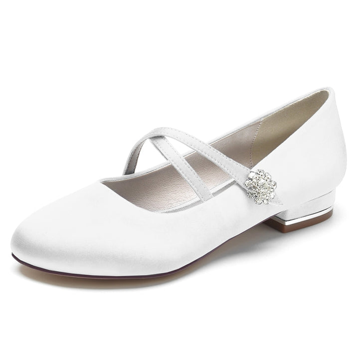 Women's Wedding Shoes Closed Toe Low Heel Crossed Straps Comfortable Bridal Shoes with Crystal