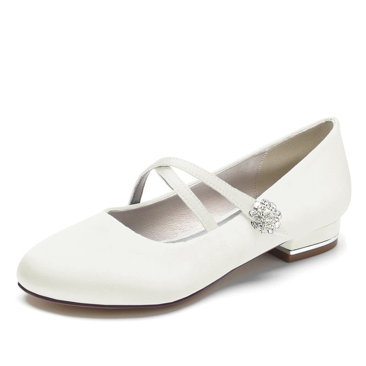 Women's Wedding Shoes Closed Toe Low Heel Crossed Straps Comfortable Bridal Shoes with Crystal