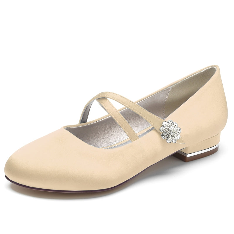 Women's Wedding Shoes Closed Toe Low Heel Crossed Straps Comfortable Bridal Shoes with Crystal