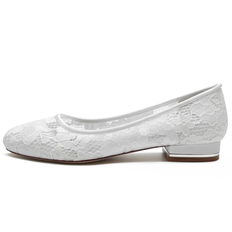 Women's Wedding Shoes Closed Toe Low Heel Lace Cutout Simple Bridal Shoes