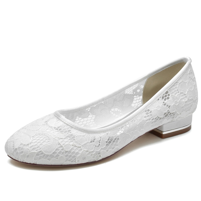 Women's Wedding Shoes Closed Toe Low Heel Lace Cutout Simple Bridal Shoes